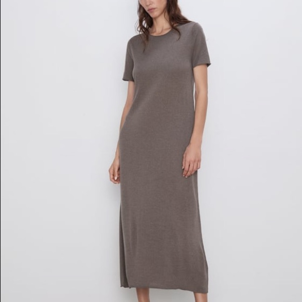 Zara Taupe Short-Sleeve Midi Dress